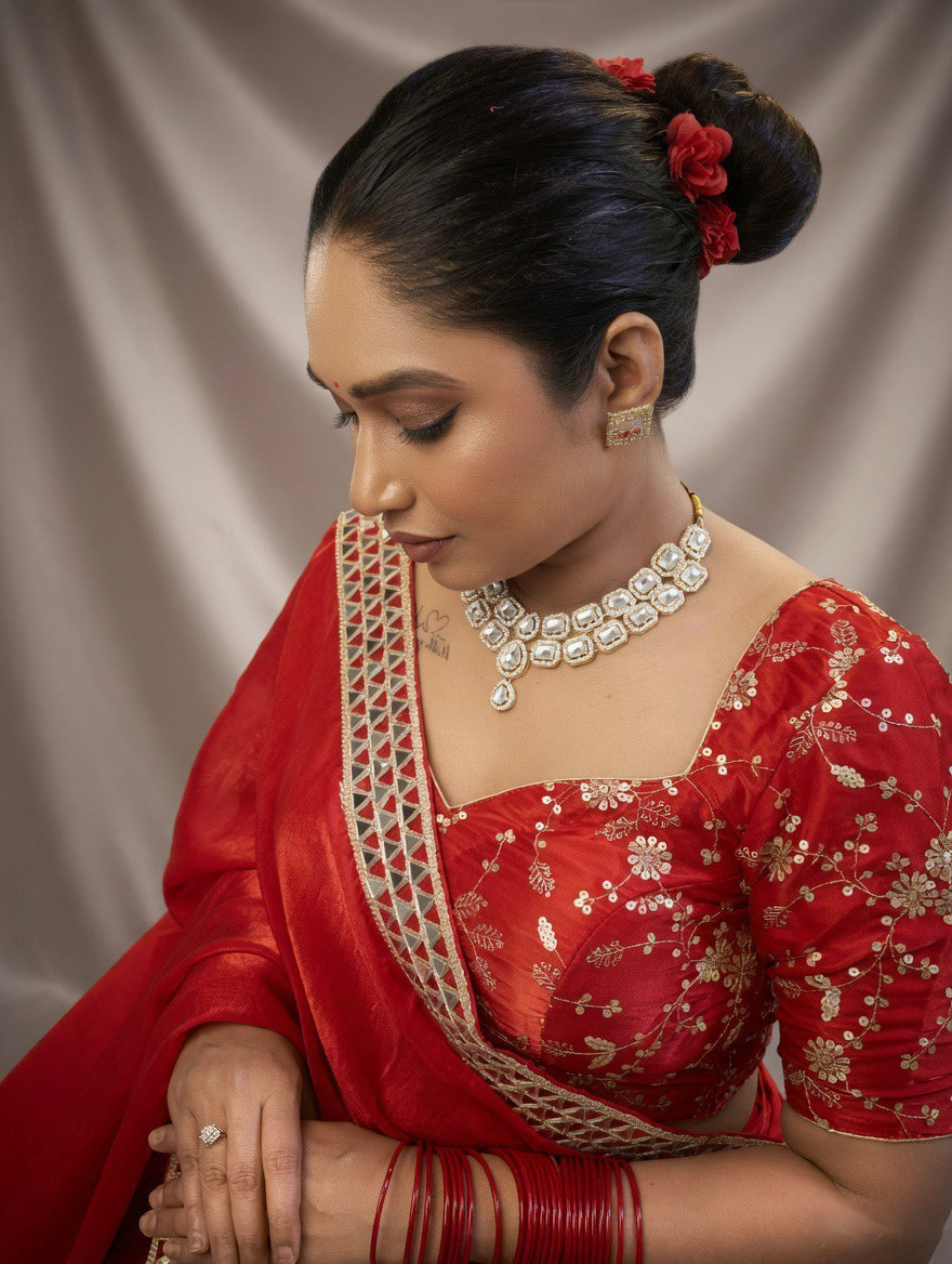 Red Saree with heavy embroidered readymade blouse