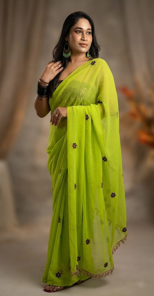 Parrot Green Saree with black embroidered blouse
