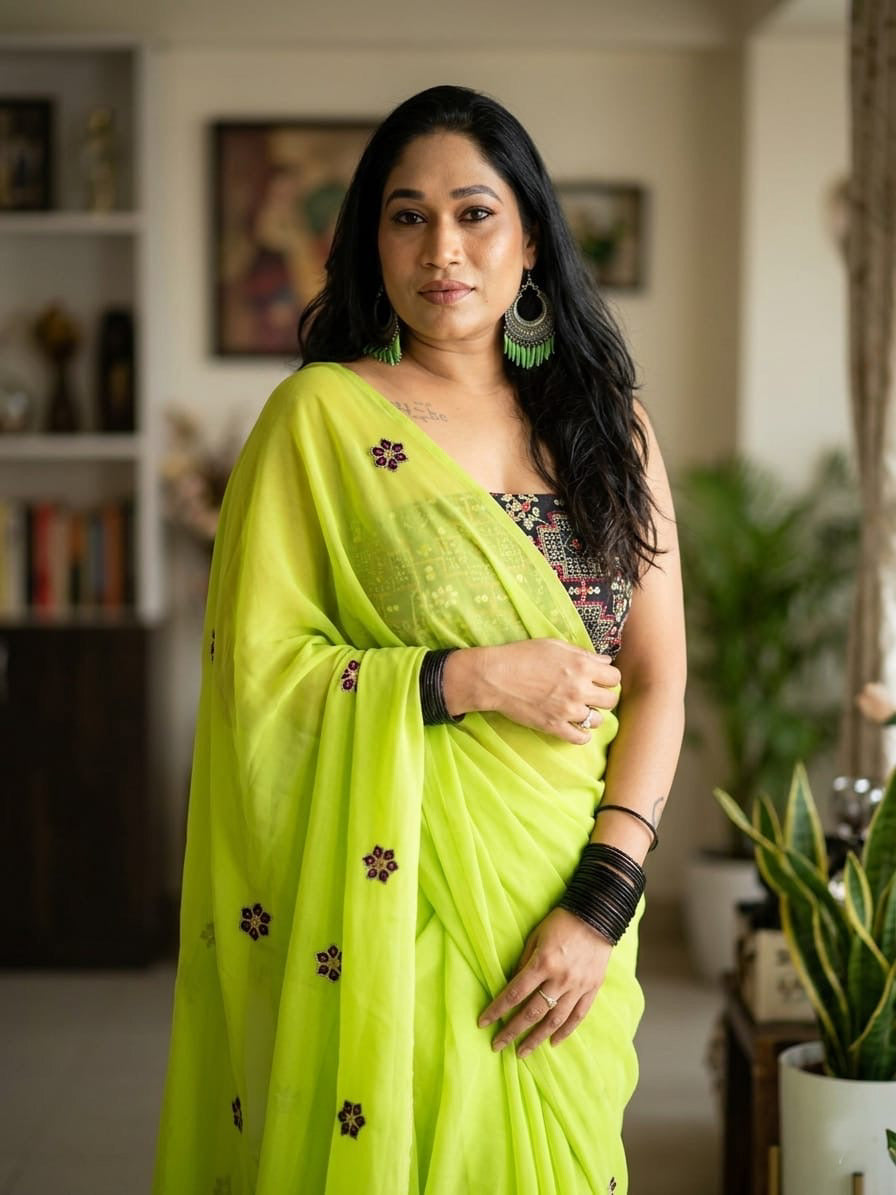 Parrot Green Saree with black embroidered blouse