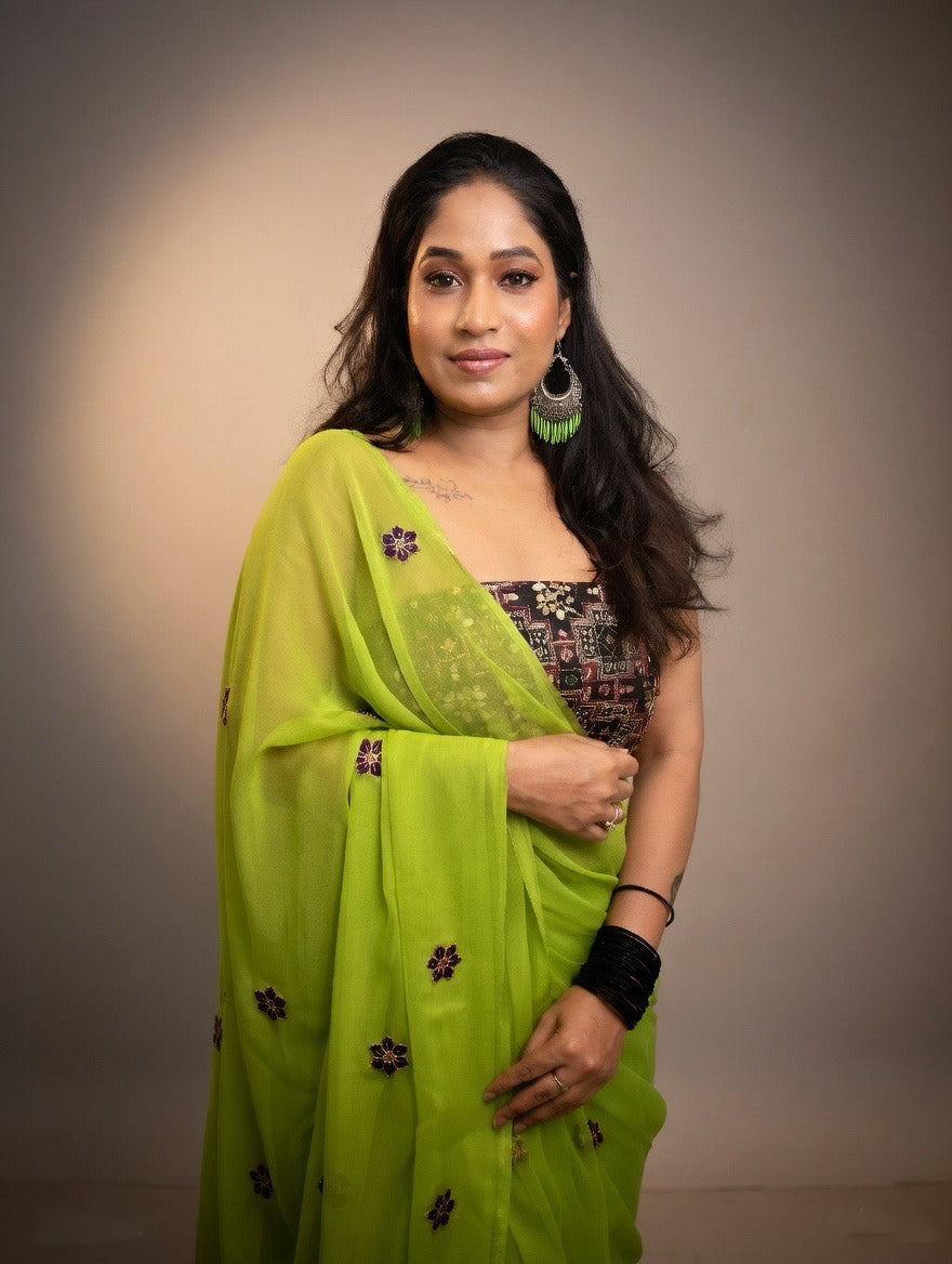 Parrot Green Saree with black embroidered blouse