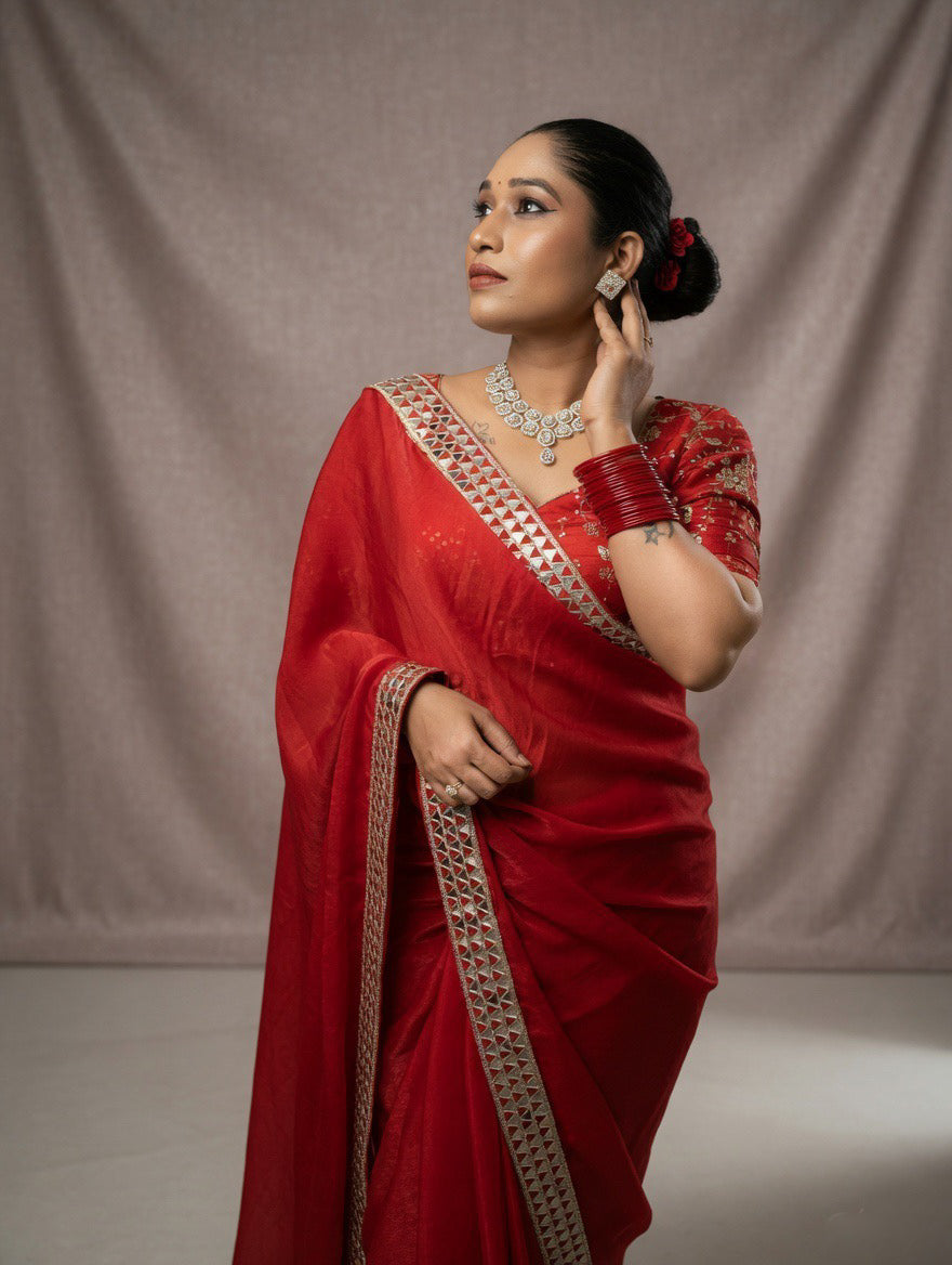 Red Saree with heavy embroidered readymade blouse