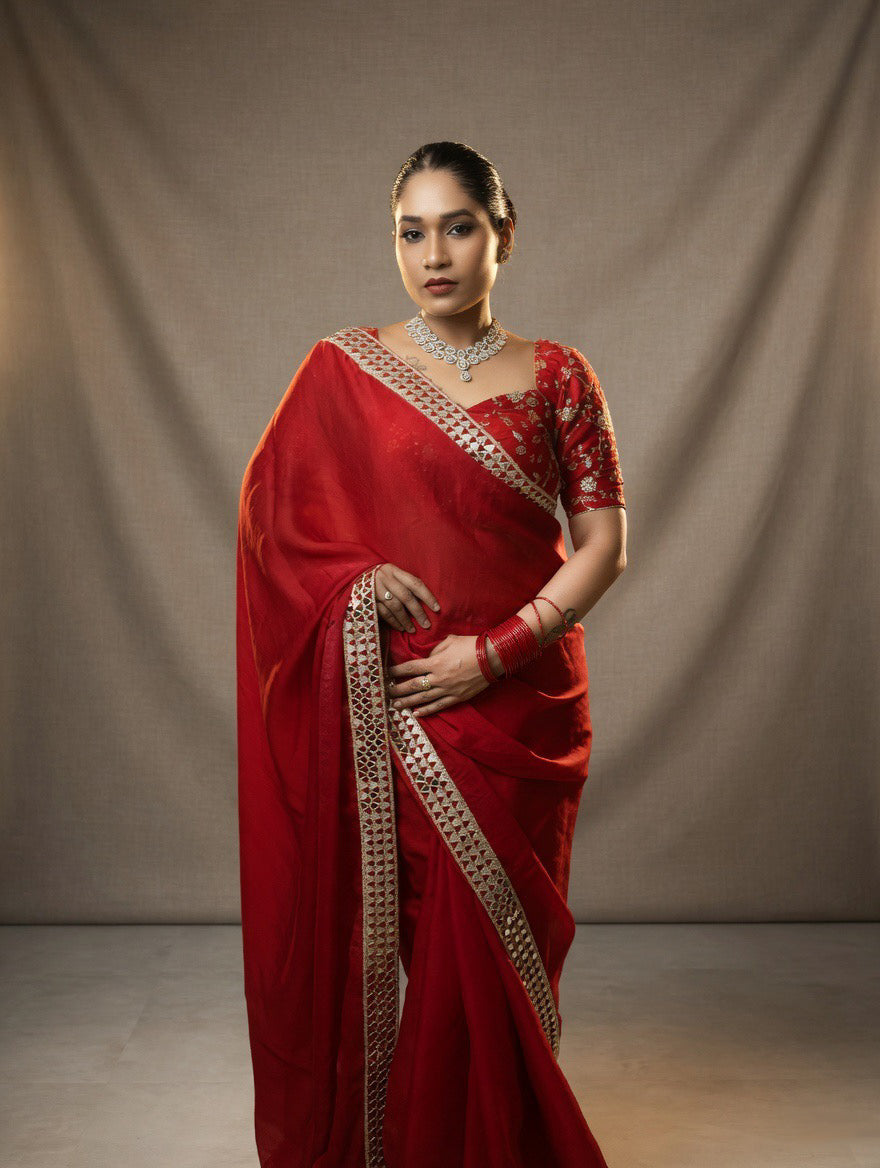 Red Saree with heavy embroidered readymade blouse