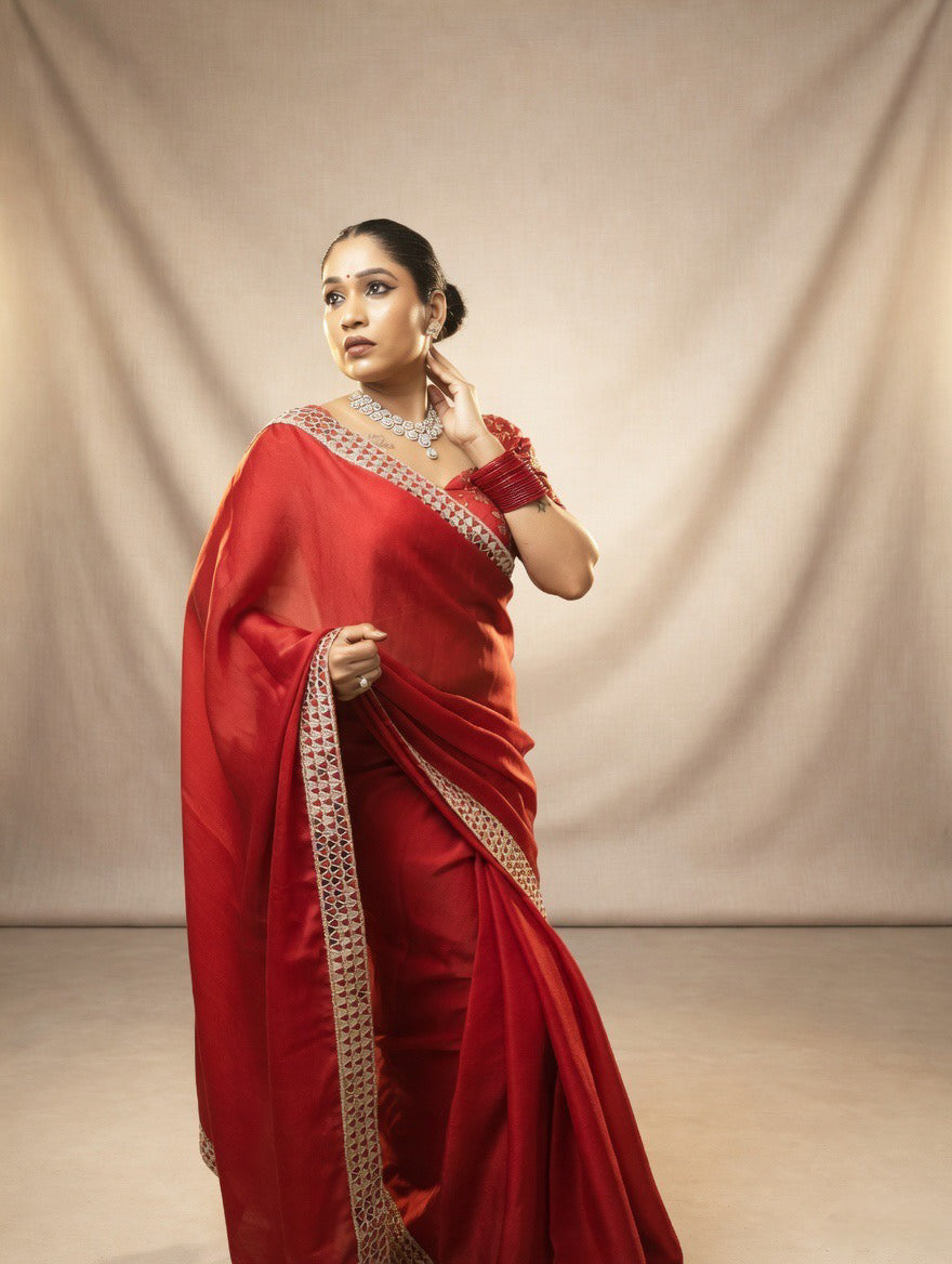 Red Saree with heavy embroidered readymade blouse