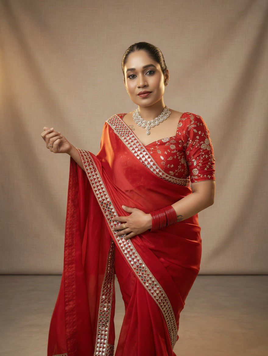 Red Saree with heavy embroidered readymade blouse