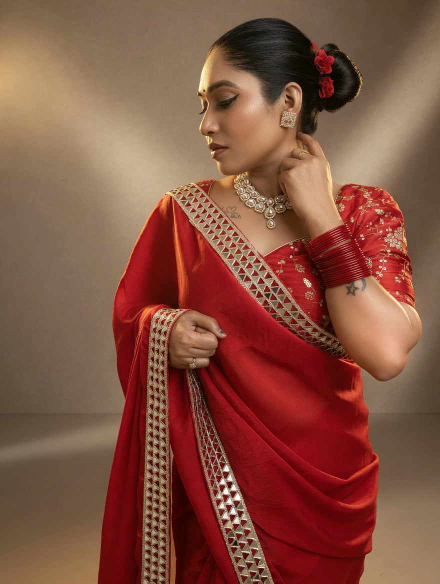 Red Saree with heavy embroidered readymade blouse