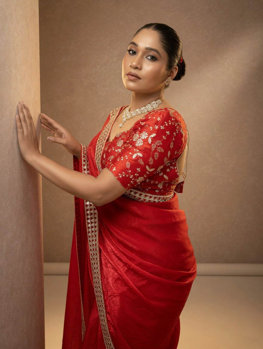 Red Saree with heavy embroidered readymade blouse