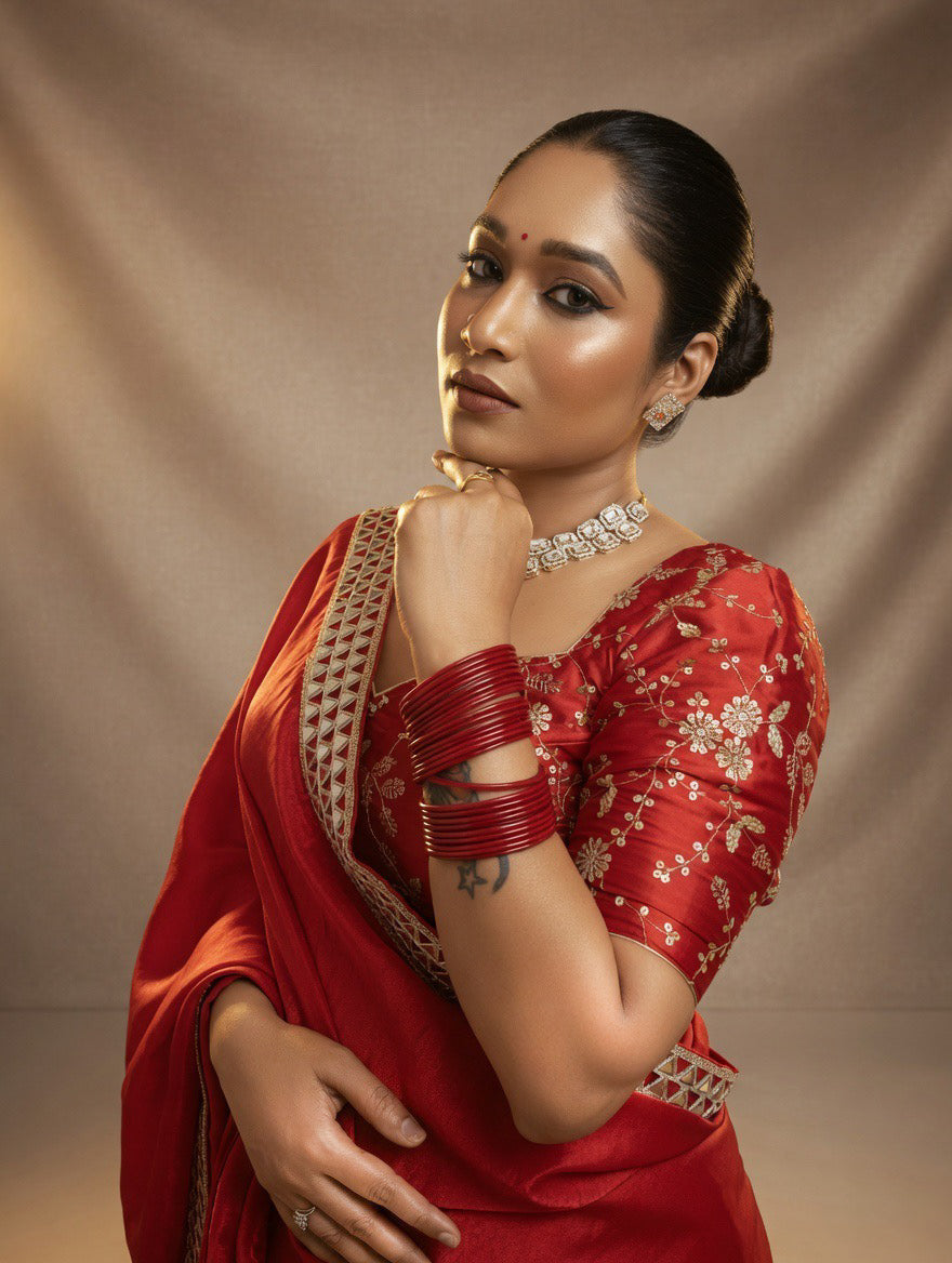 Red Saree with heavy embroidered readymade blouse