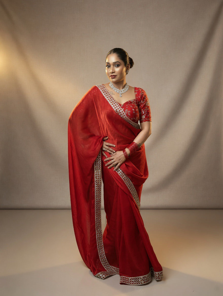Red Saree with heavy embroidered readymade blouse