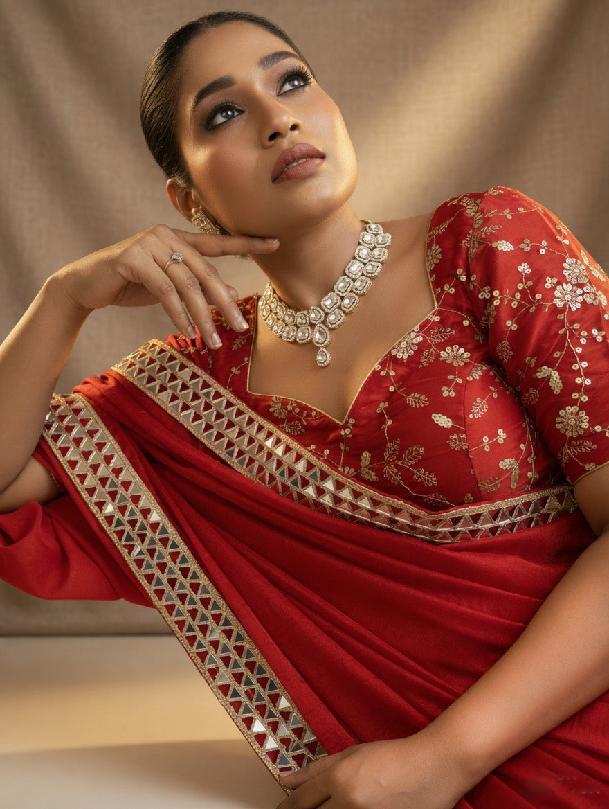 Red Saree with heavy embroidered readymade blouse