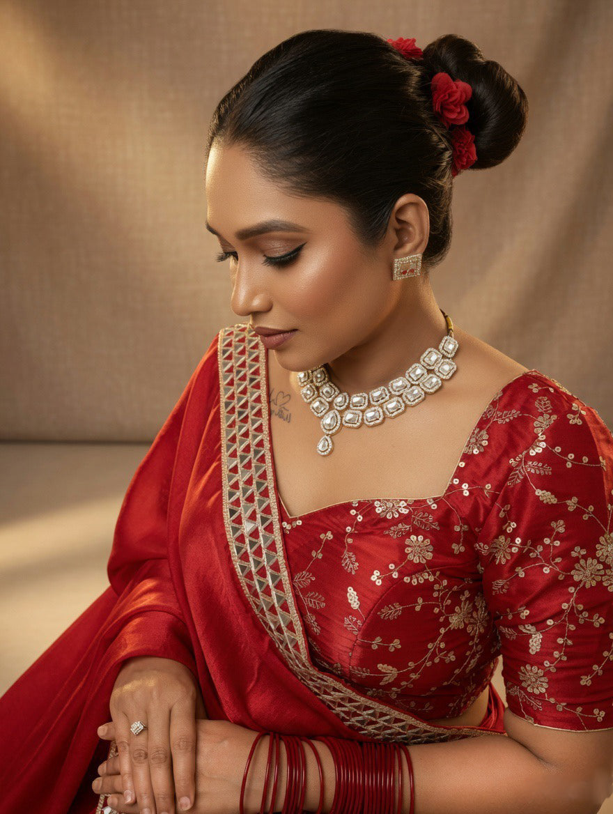 Red Saree with heavy embroidered readymade blouse