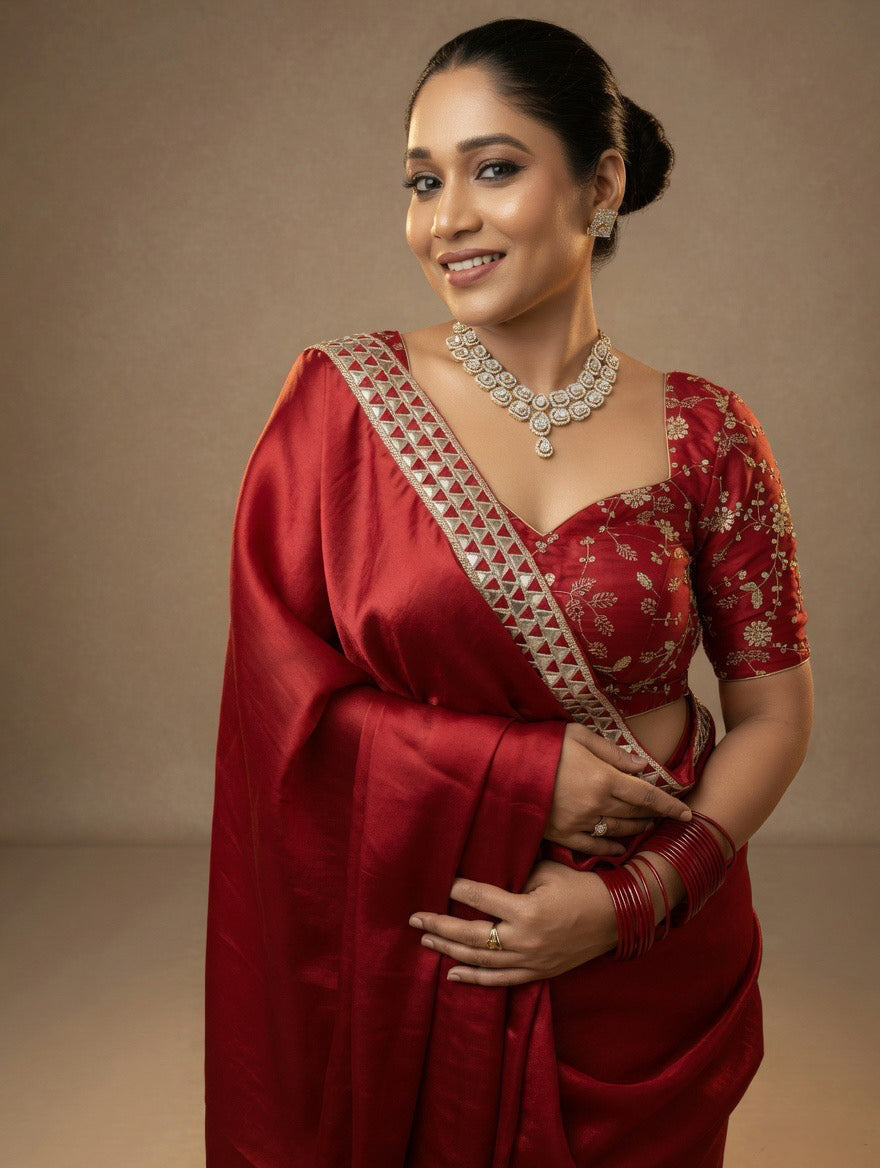Red Saree with heavy embroidered readymade blouse