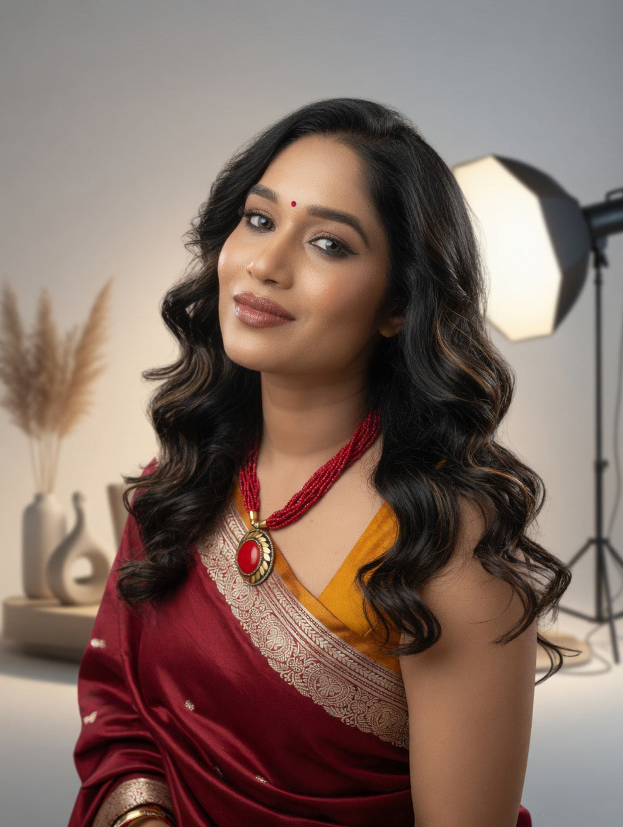 Mehroom Silk Saree with mustard yellow unstitched blouse