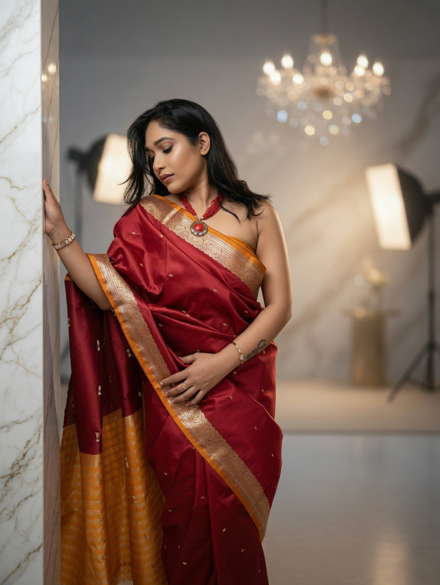 Mehroom Silk Saree with mustard yellow unstitched blouse
