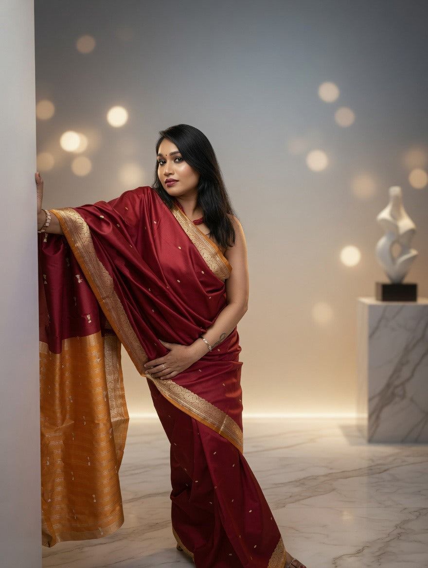 Mehroom Silk Saree with mustard yellow unstitched blouse