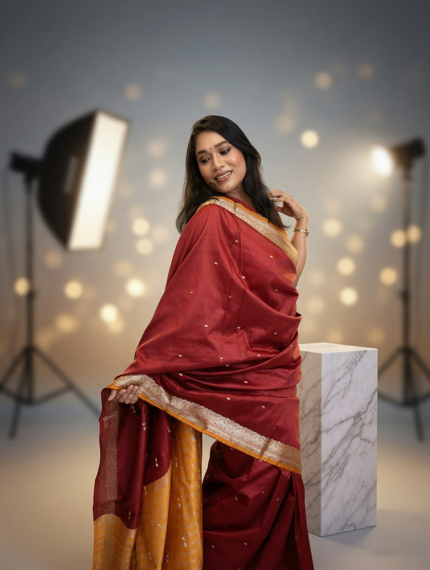 Mehroom Silk Saree with mustard yellow unstitched blouse