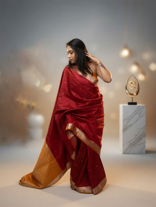 Mehroom Silk Saree with mustard yellow unstitched blouse