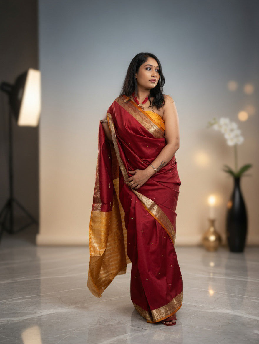 Mehroom Silk Saree with mustard yellow unstitched blouse