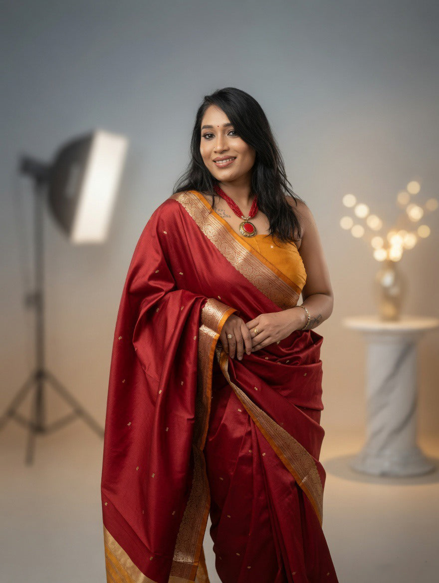 Mehroom Silk Saree with mustard yellow unstitched blouse