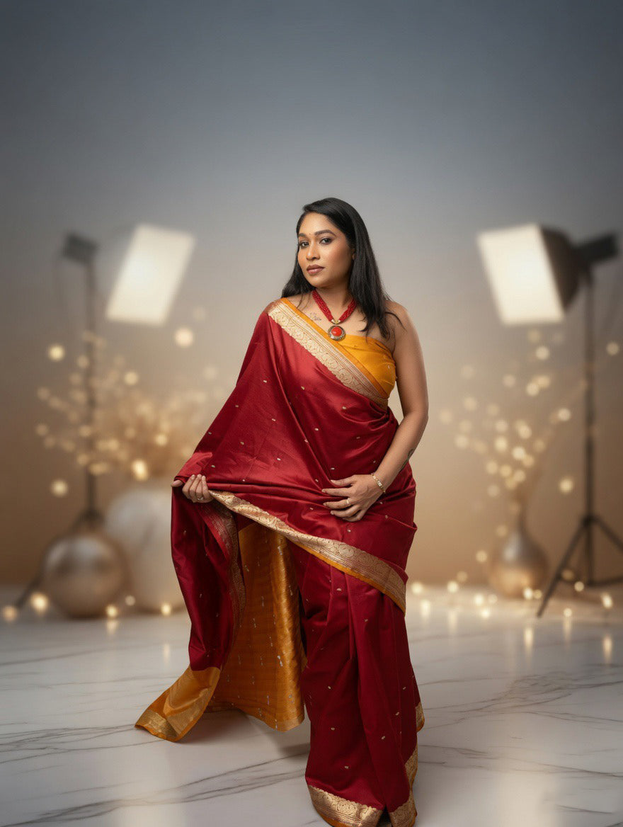 Mehroom Silk Saree with mustard yellow unstitched blouse