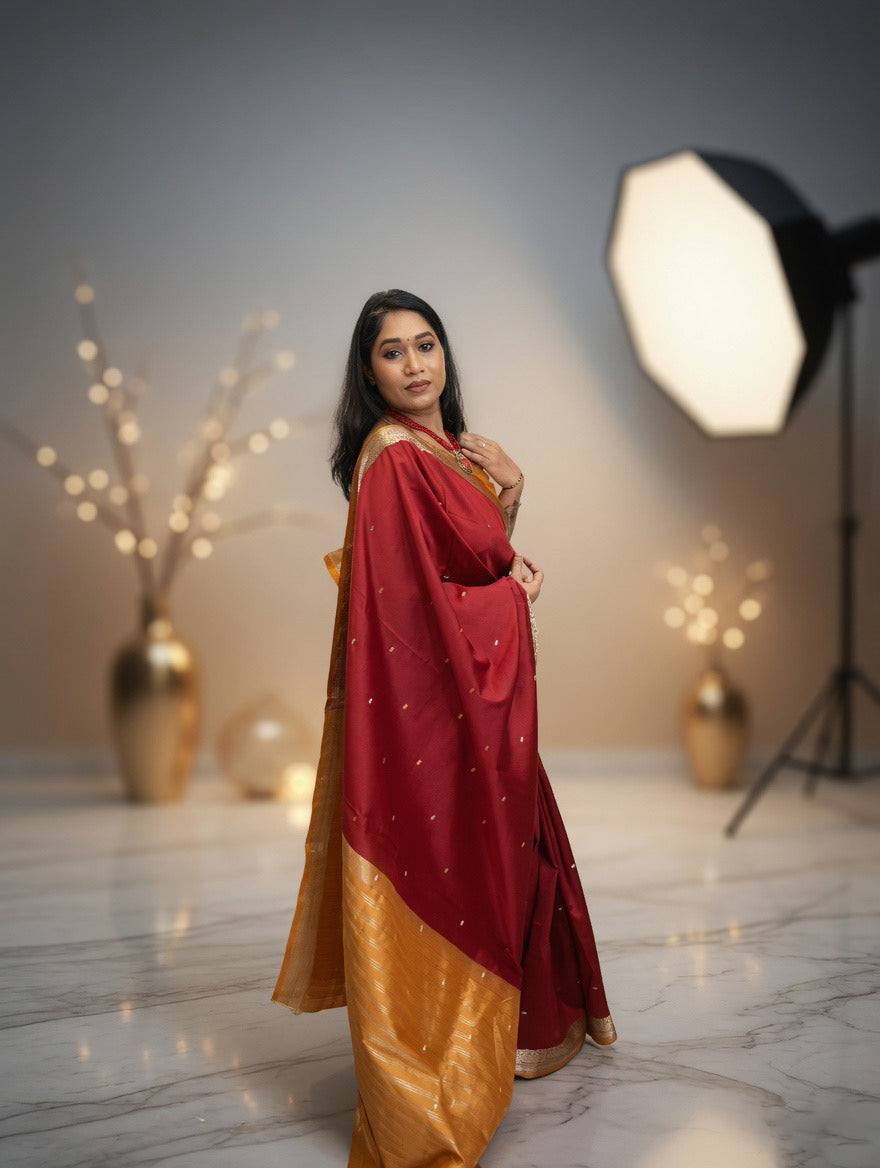Mehroom Silk Saree with mustard yellow unstitched blouse
