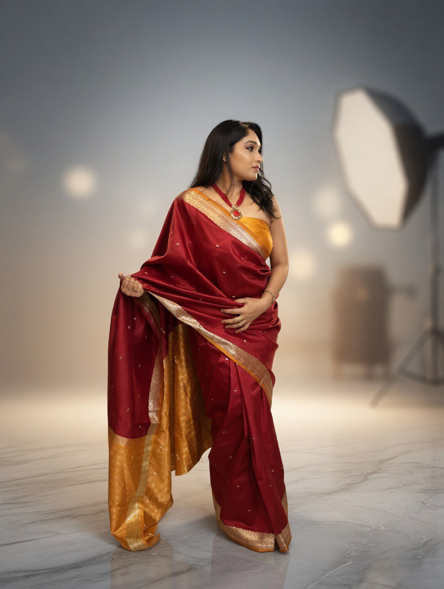 Mehroom Silk Saree with mustard yellow unstitched blouse