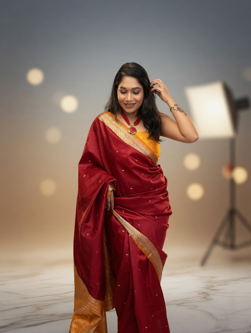 Mehroom Silk Saree with mustard yellow unstitched blouse