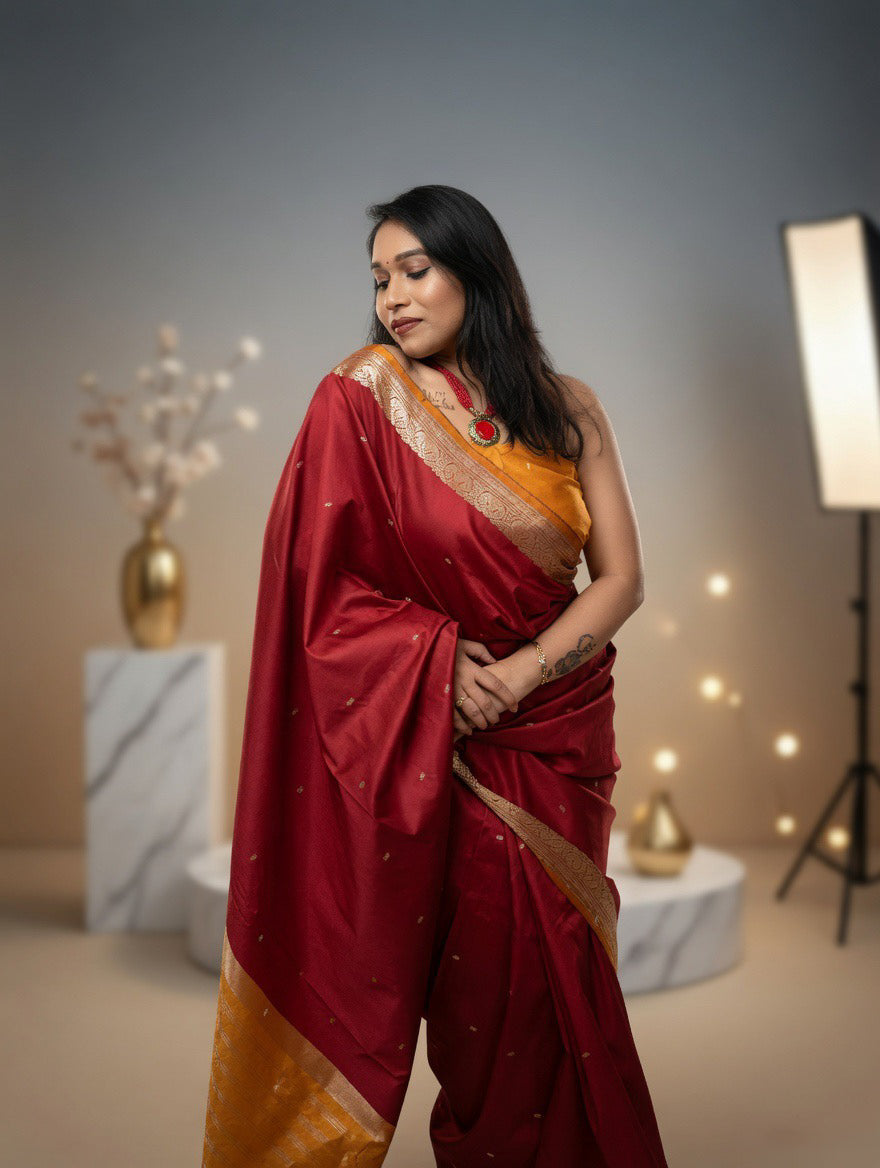 Mehroom Silk Saree with mustard yellow unstitched blouse