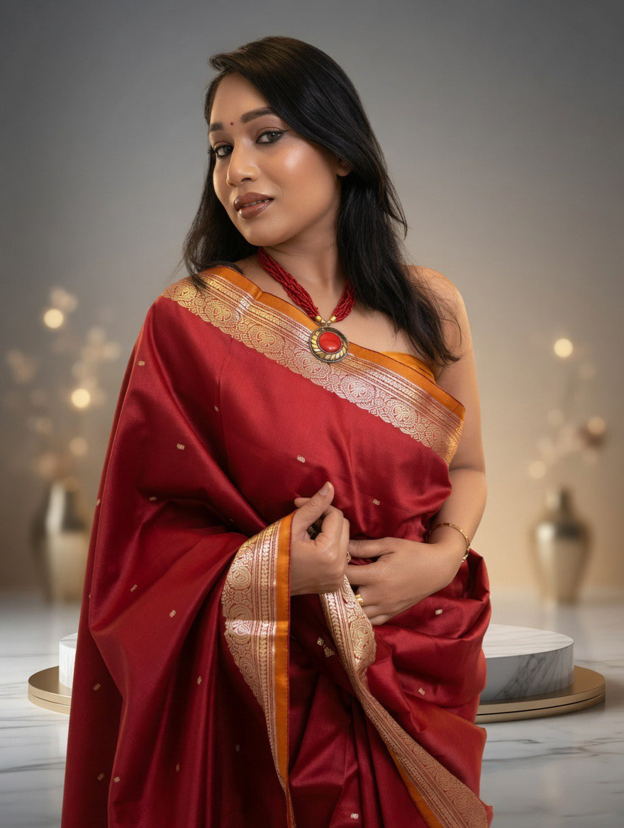 Mehroom Silk Saree with mustard yellow unstitched blouse