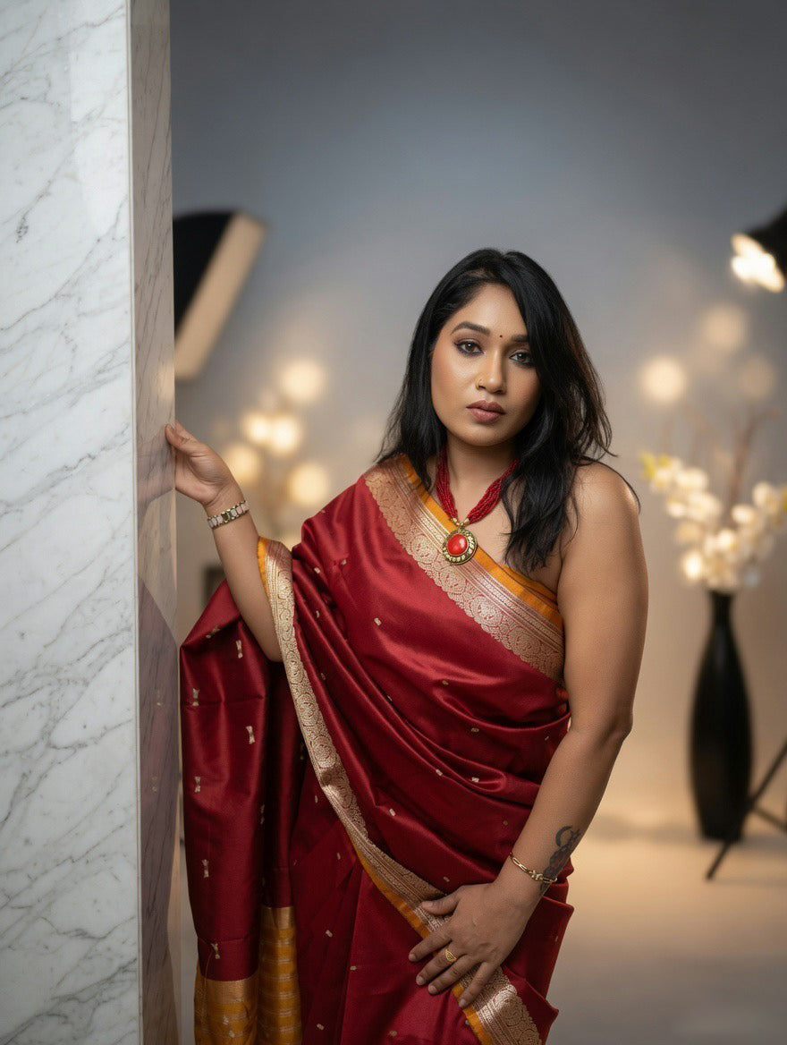 Mehroom Silk Saree with mustard yellow unstitched blouse