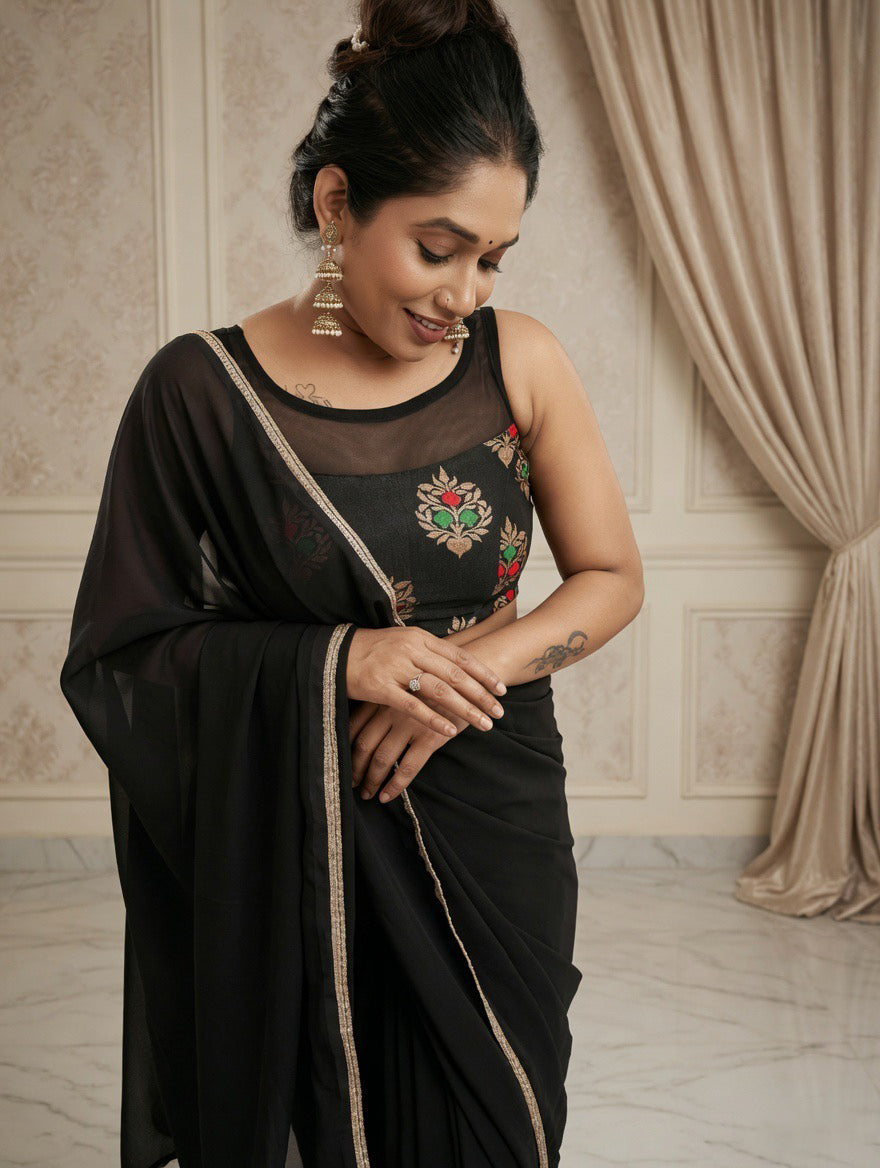 Black Saree with readymade red and black blouse