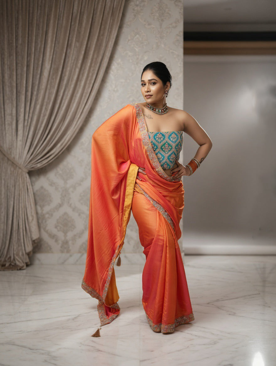 Orange dual shade Saree with Rama green blouse