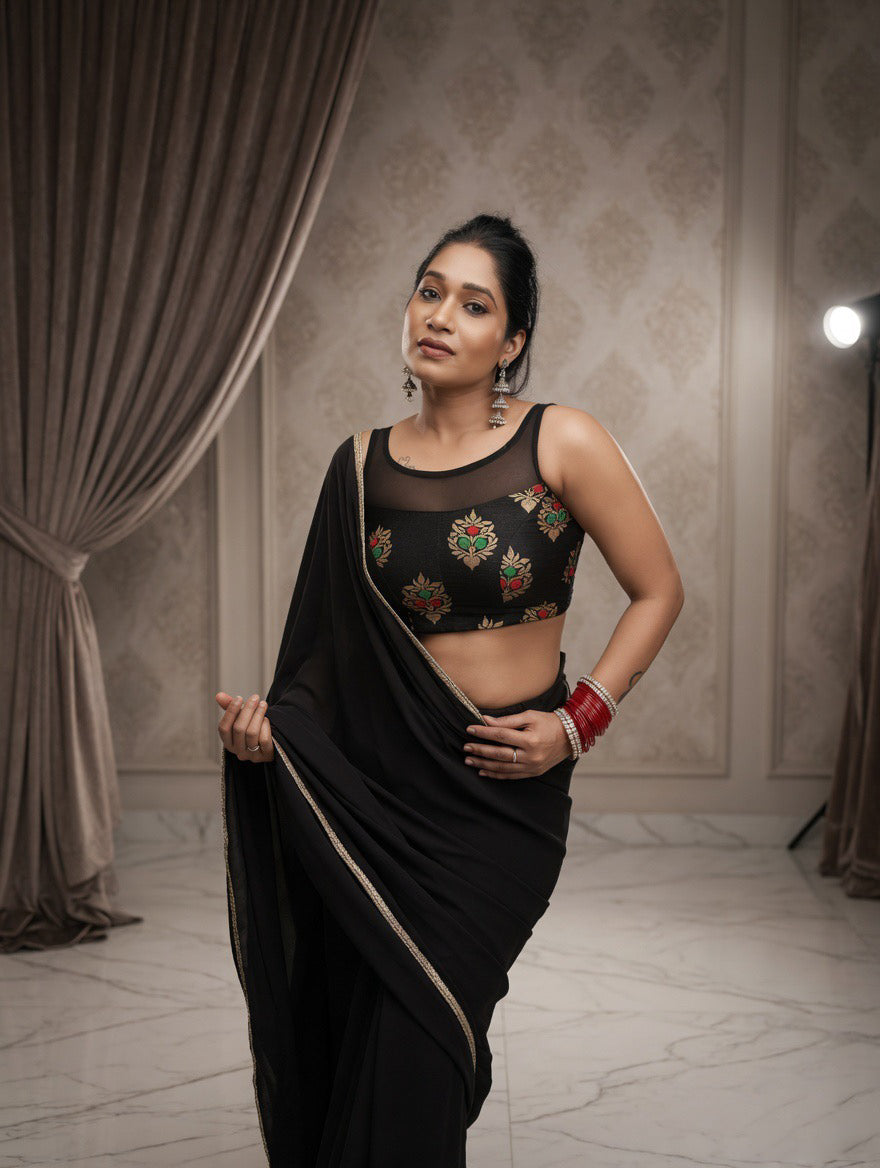 Black Saree with readymade red and black blouse