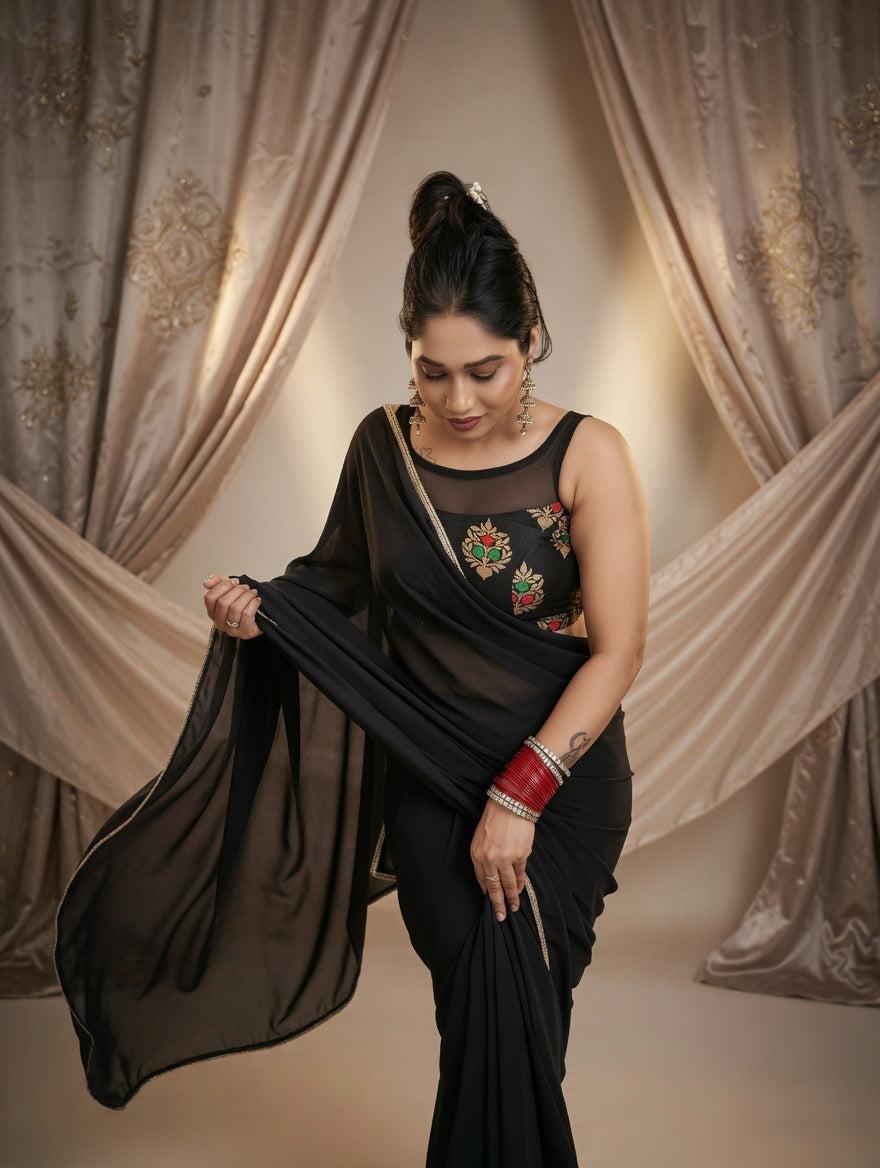 Black Saree with readymade red and black blouse
