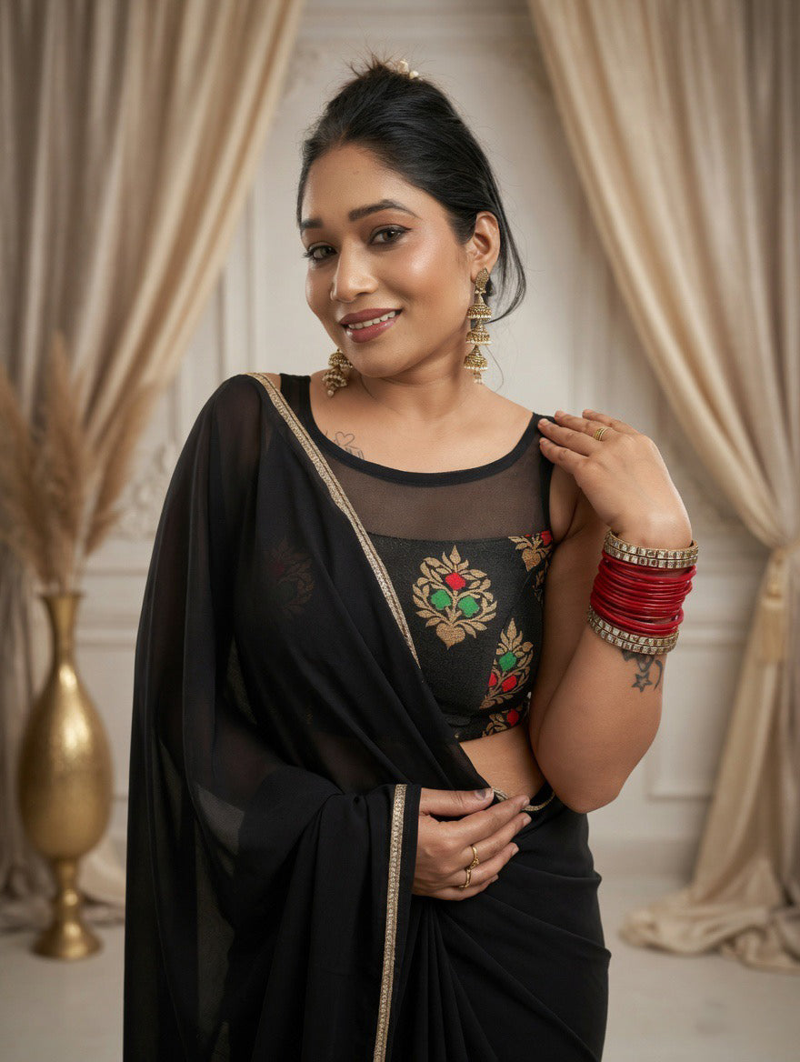 Black Saree with readymade red and black blouse