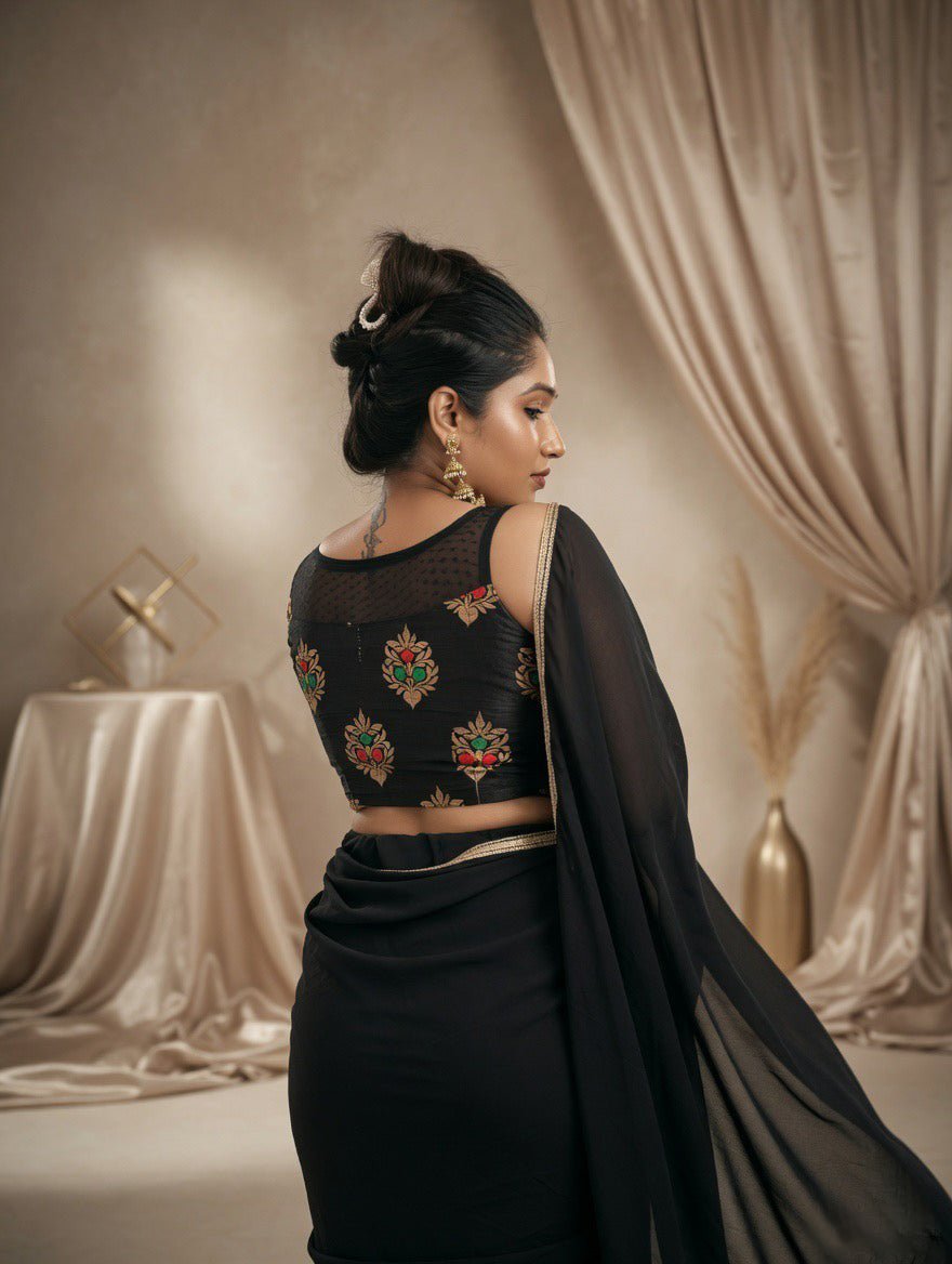 Black Saree with readymade red and black blouse