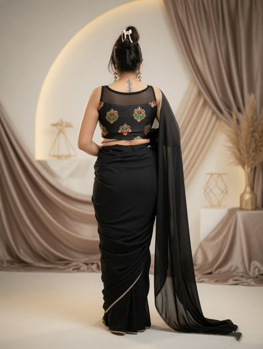 Black Saree with readymade red and black blouse
