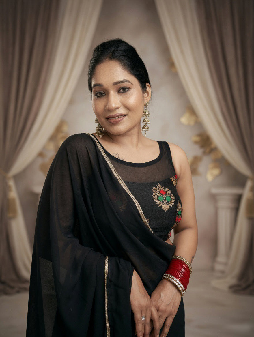 Black Saree with readymade red and black blouse