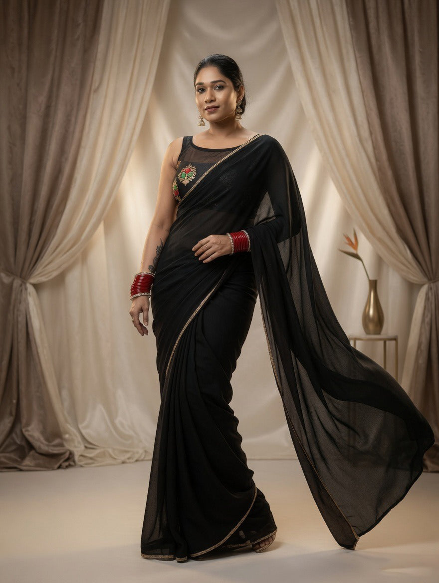 Black Saree with readymade red and black blouse