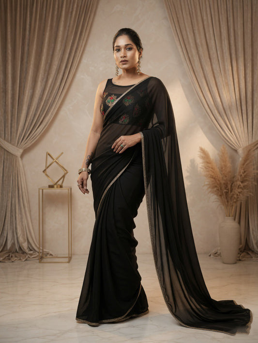 Black Saree with readymade red and black blouse
