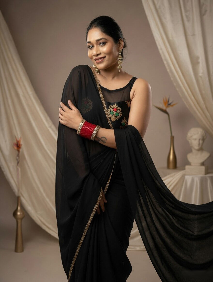 Black Saree with readymade red and black blouse