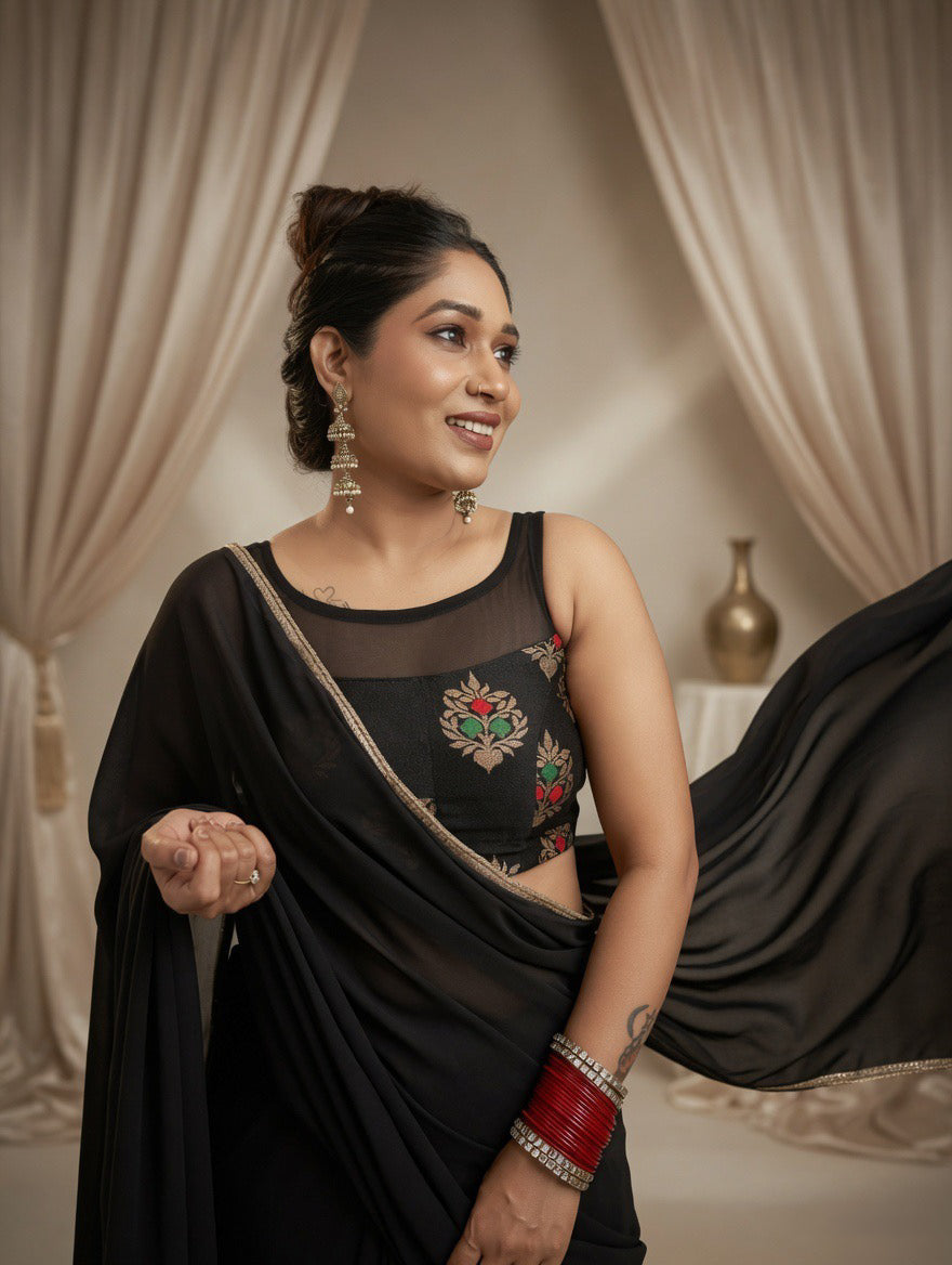 Black Saree with readymade red and black blouse