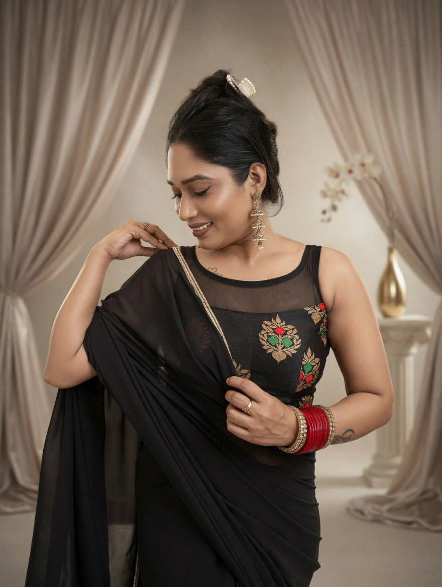 Black Saree with readymade red and black blouse
