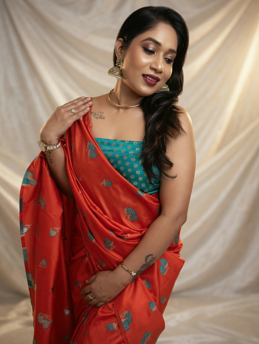 Silk Orange Saree with Rama green colour blouse