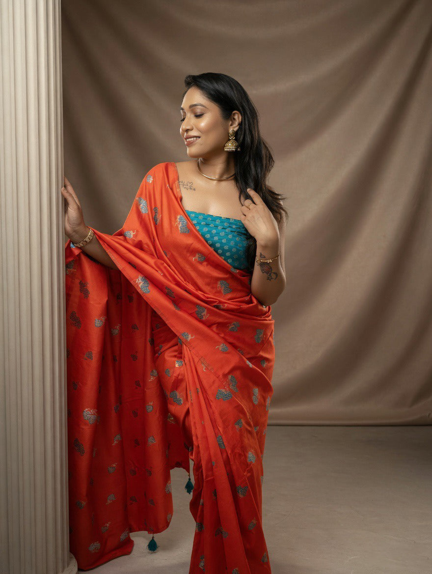 Silk Orange Saree with Rama green colour blouse