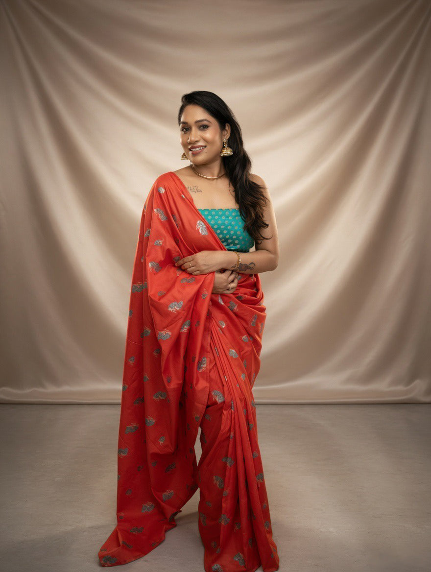 Silk Orange Saree with Rama green colour blouse