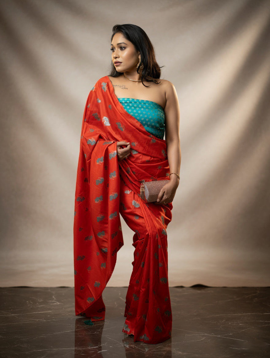 Silk Orange Saree with Rama green colour blouse