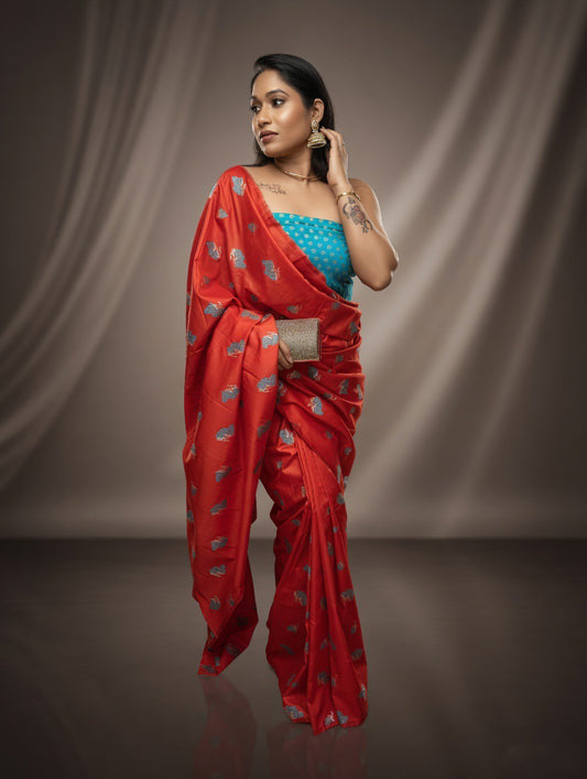 Silk Orange Saree with Rama green colour blouse