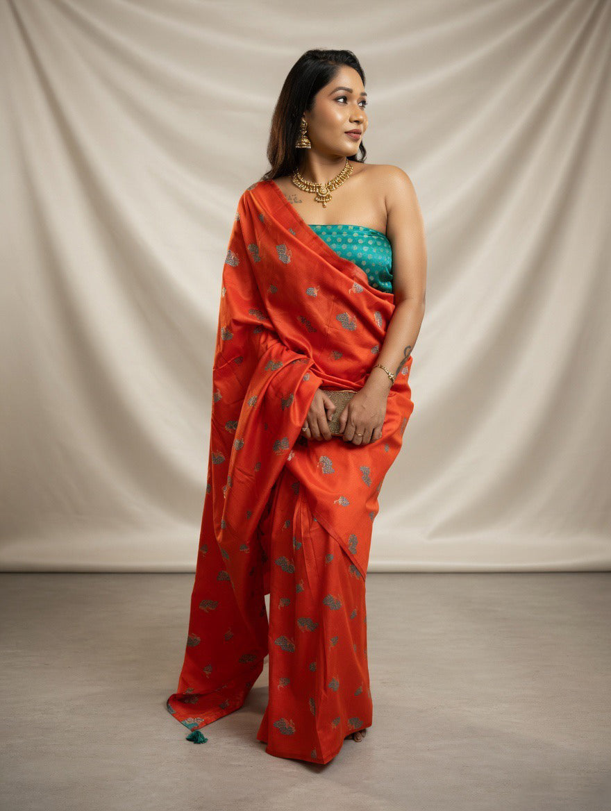 Silk Orange Saree with Rama green colour blouse