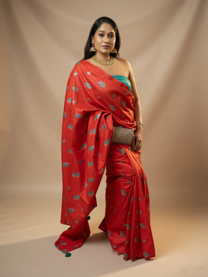 Silk Orange Saree with Rama green colour blouse