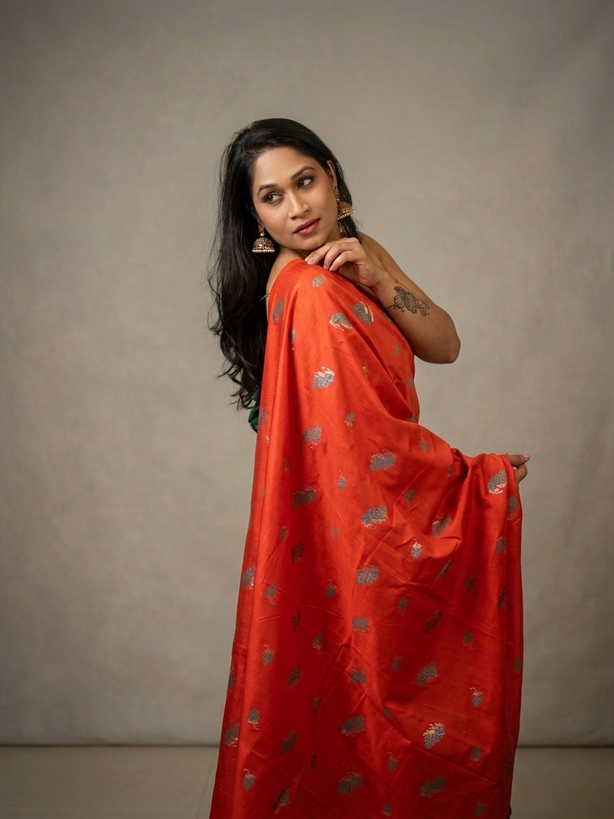 Silk Orange Saree with Rama green colour blouse